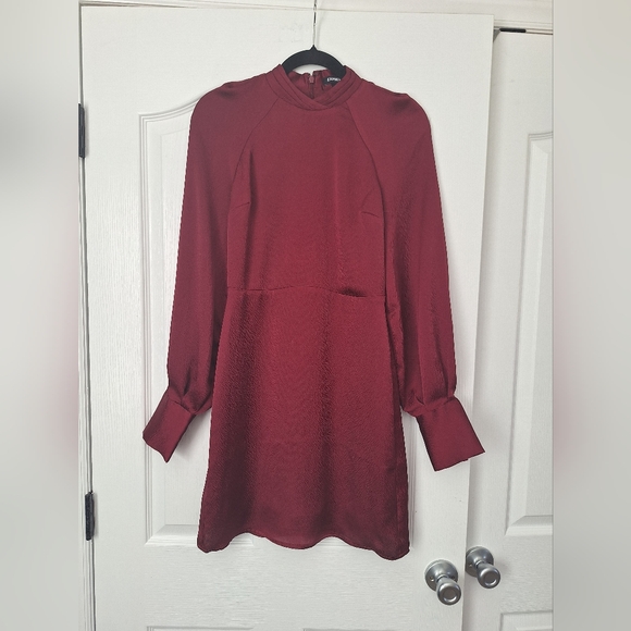 Express Burgundy Satin Long Sleeve Mini Dress - Picture 2 of 11
